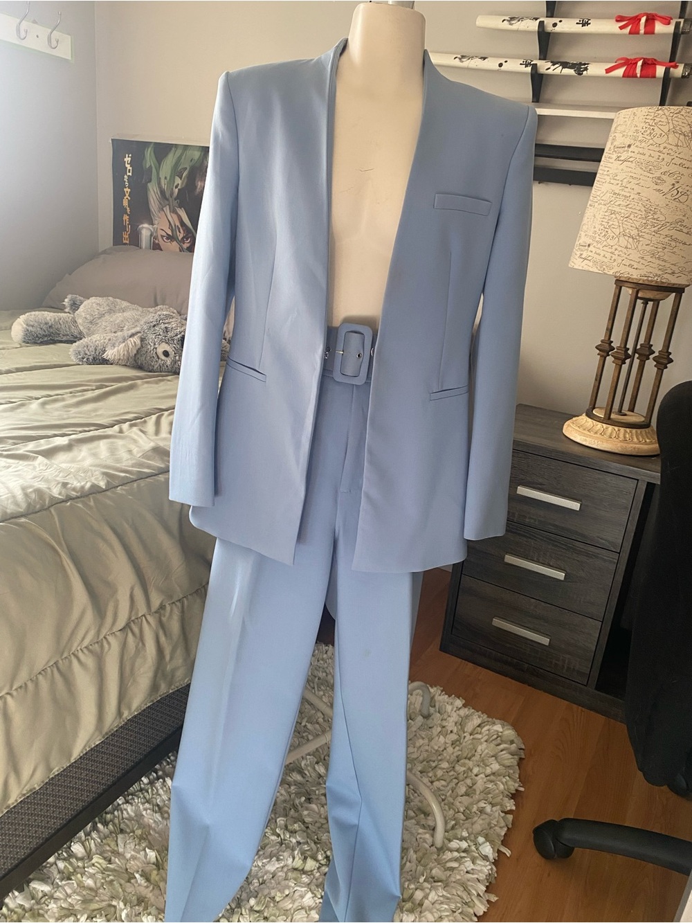Zara Powder Blue Belted Two-Piece Suit Jacket & Trousers